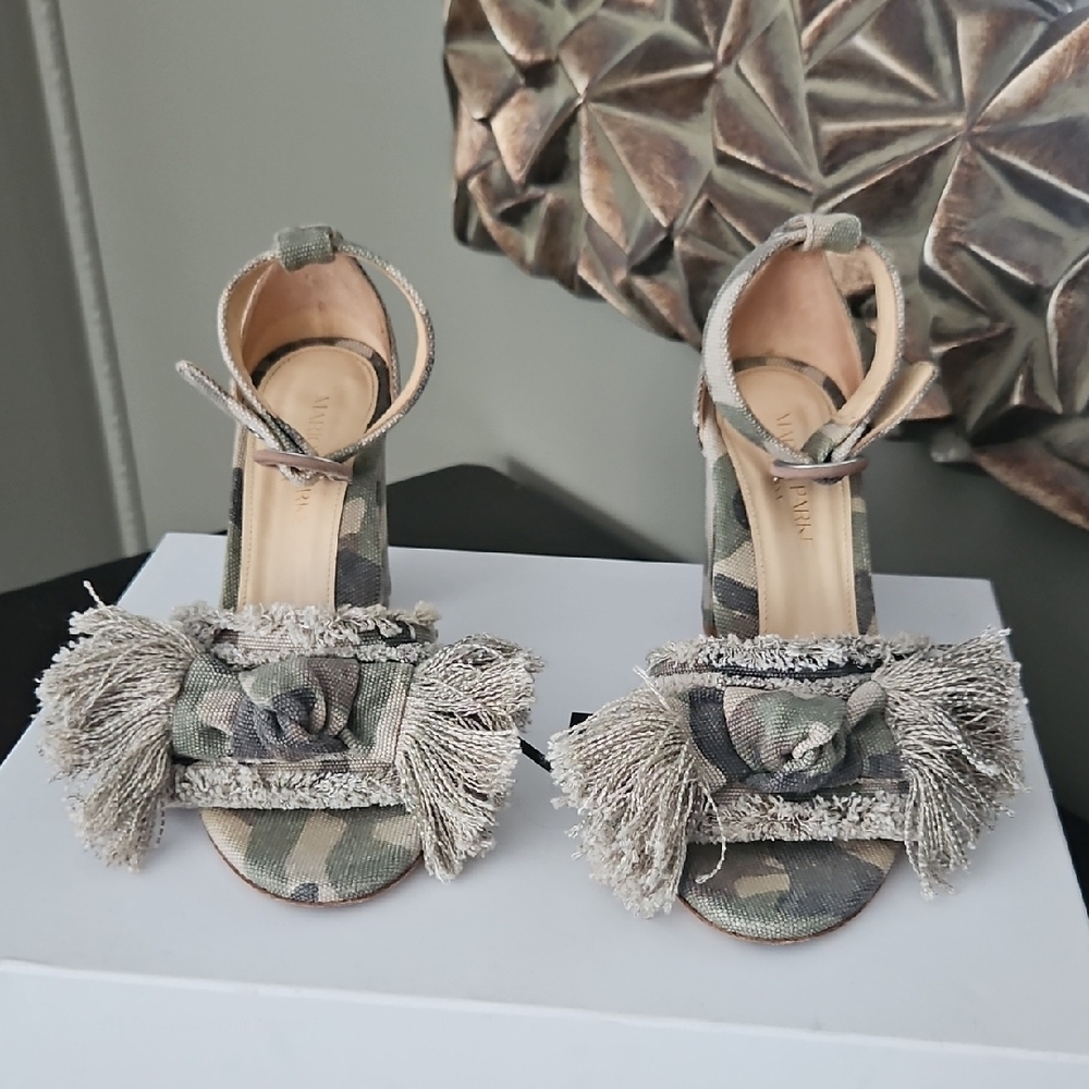 Green and Tan Fringe Sandals with Ankle Straps